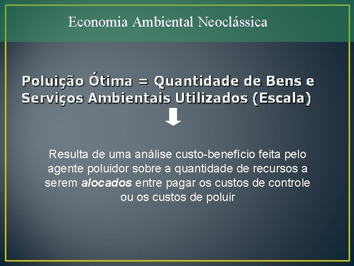 Economia Ambiental Neoclássica Poluição Ótima = Quantidade de Bens e Serviços Ambientais Utilizados (Escala)