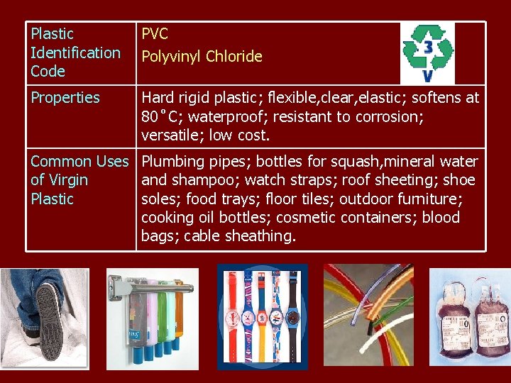 Plastic Identification Code PVC Polyvinyl Chloride Properties Hard rigid plastic; flexible, clear, elastic; softens