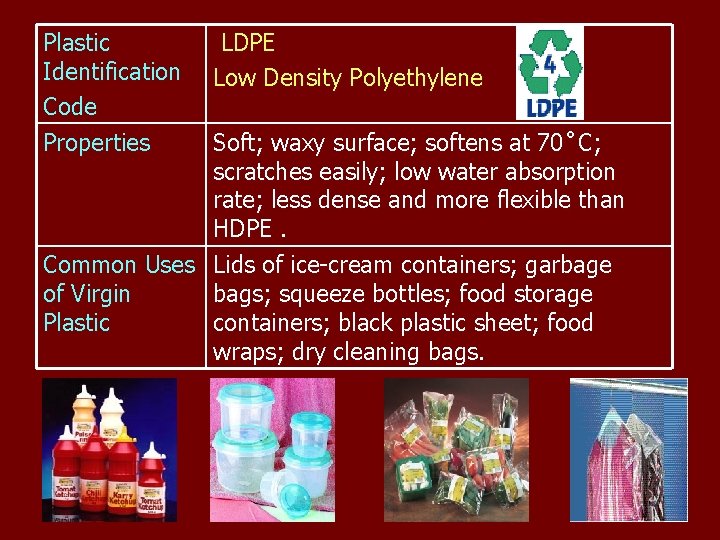 Plastic Identification Code Properties LDPE Low Density Polyethylene Soft; waxy surface; softens at 70