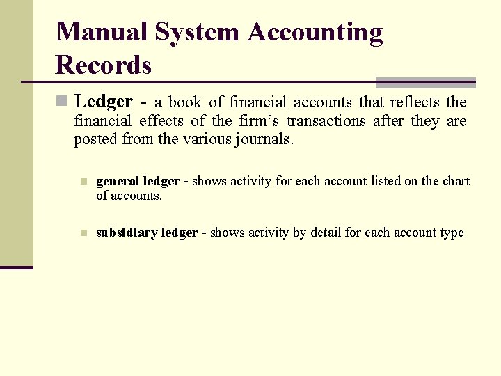 Manual System Accounting Records n Ledger - a book of financial accounts that reflects