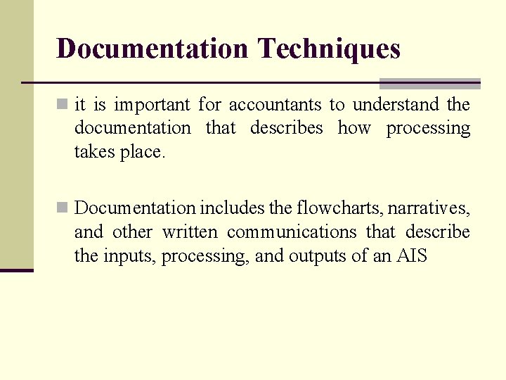 Documentation Techniques n it is important for accountants to understand the documentation that describes