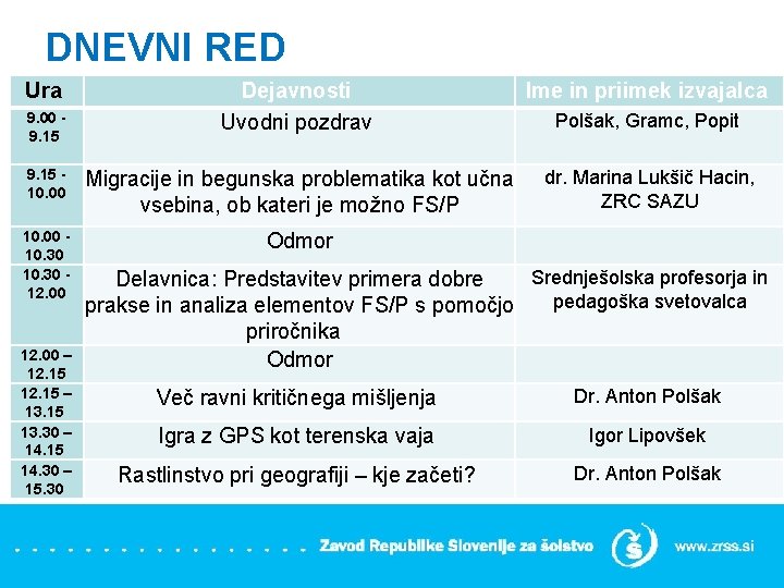 DNEVNI RED Ura Dejavnosti Uvodni pozdrav Ime in priimek izvajalca 9. 15 10. 00