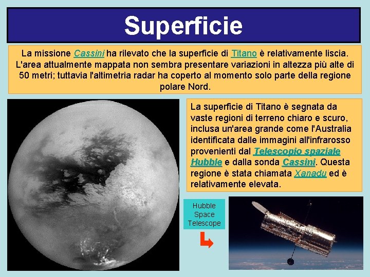 Superficie La missione Cassini ha rilevato che la superficie di Titano è relativamente liscia.