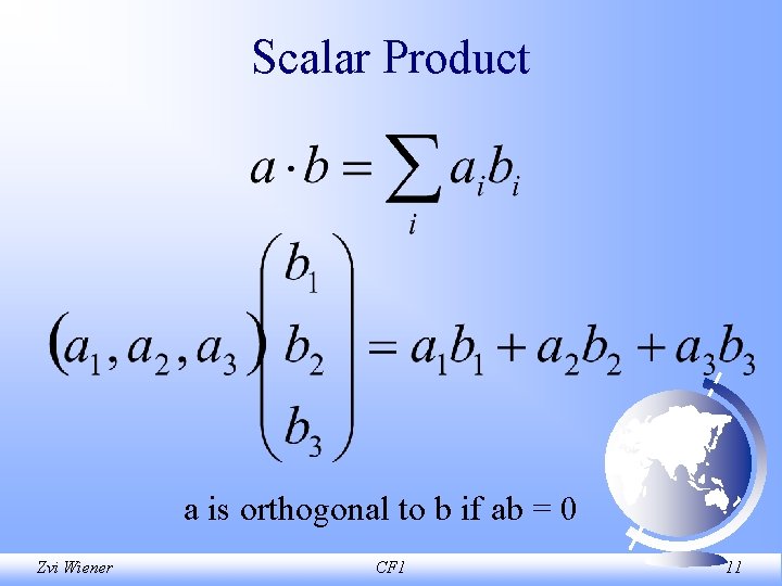 Scalar Product a is orthogonal to b if ab = 0 Zvi Wiener CF