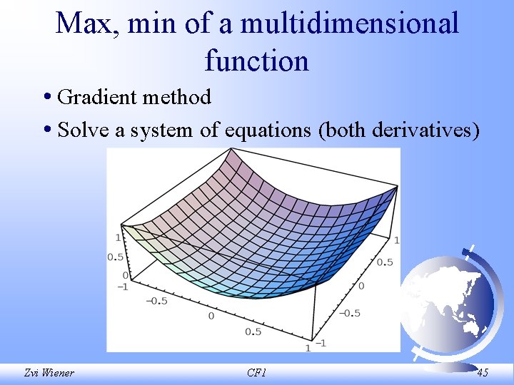 Max, min of a multidimensional function • Gradient method • Solve a system of