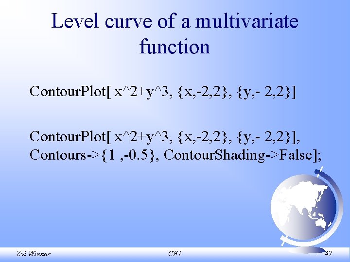 Level curve of a multivariate function Contour. Plot[ x^2+y^3, {x, 2, 2}, {y, 2,