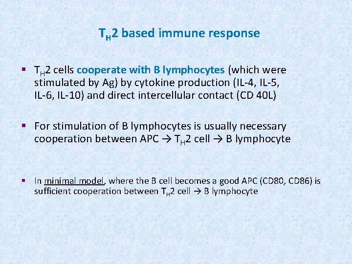 TH 2 based immune response § TH 2 cells cooperate with B lymphocytes (which