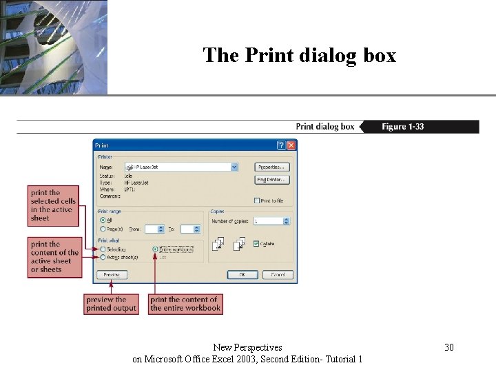 The Print dialog box New Perspectives on Microsoft Office Excel 2003, Second Edition- Tutorial