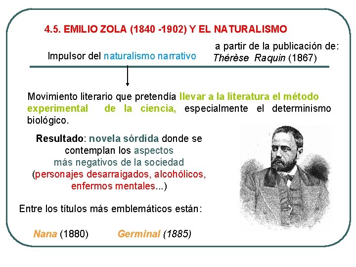 4. 5. EMILIO ZOLA (1840 -1902) Y EL NATURALISMO Impulsor del naturalismo narrativo a