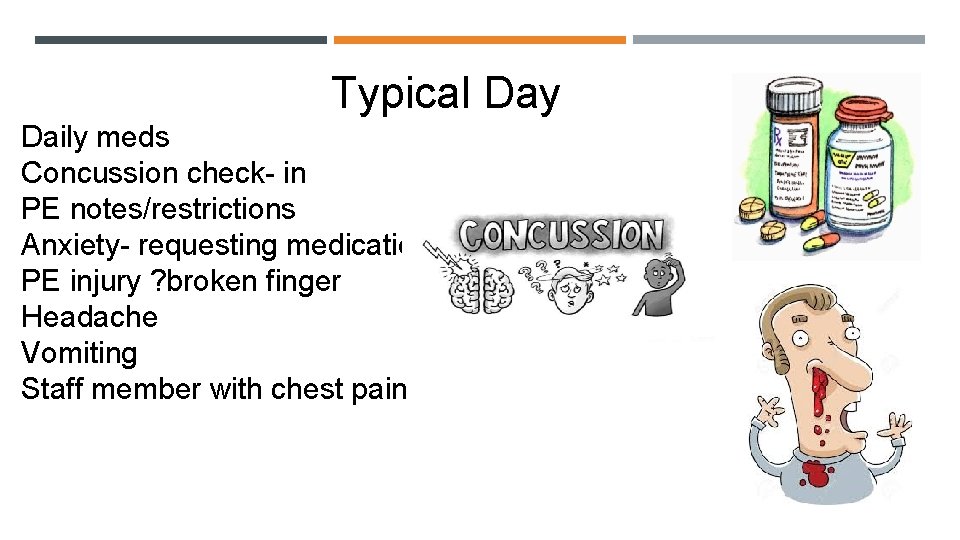 Typical Day Daily meds Concussion check- in PE notes/restrictions Anxiety- requesting medication PE injury