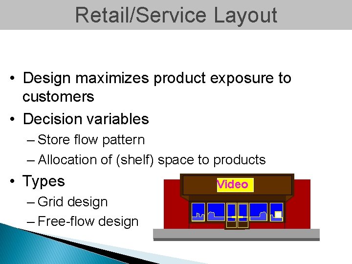 Retail/Service Layout • Design maximizes product exposure to customers • Decision variables – Store