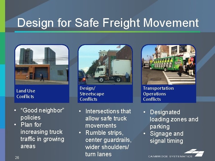 Design for Safe Freight Movement Land Use Conflicts • “Good neighbor” policies • Plan