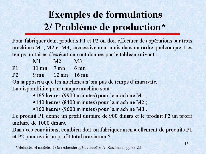 Exemples de formulations 2/ Problème de production* Pour fabriquer deux produits P 1 et
