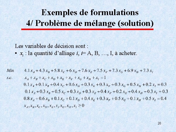 Exemples de formulations 4/ Problème de mélange (solution) Les variables de décision sont :