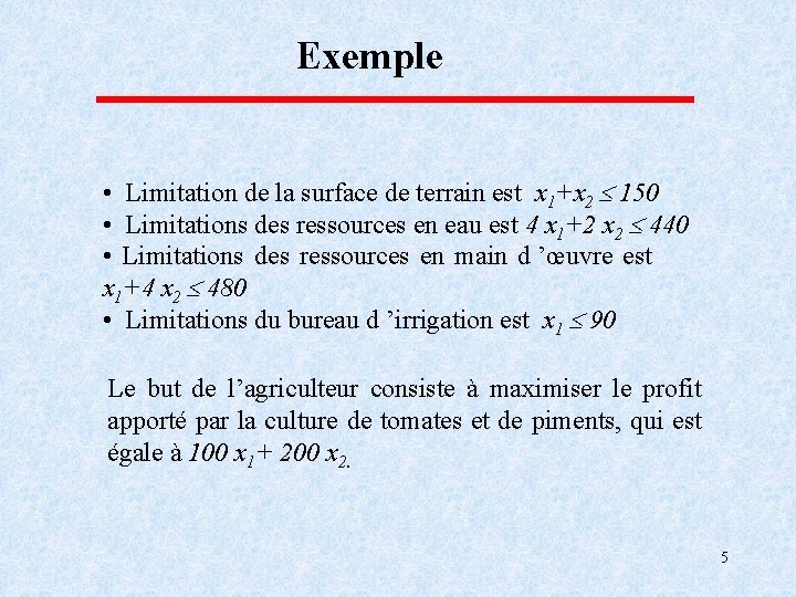 Exemple • Limitation de la surface de terrain est x 1+x 2 150 •