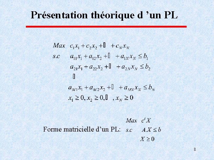 Présentation théorique d ’un PL Forme matricielle d’un PL: 8 