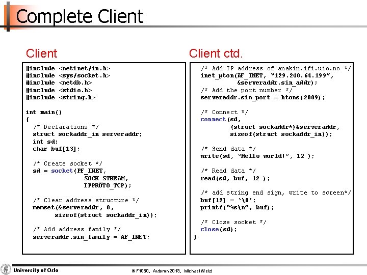 Complete Client #include #include Client ctd. <netinet/in. h> <sys/socket. h> <netdb. h> <stdio. h>