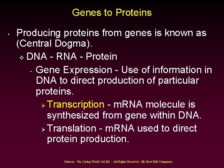 Genes to Proteins • Producing proteins from genes is known as (Central Dogma). v Genes to Proteins • Producing proteins from genes is known as (Central Dogma). v