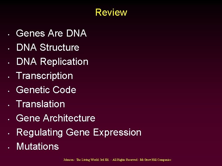 Review • • • Genes Are DNA Structure DNA Replication Transcription Genetic Code Translation Review • • • Genes Are DNA Structure DNA Replication Transcription Genetic Code Translation
