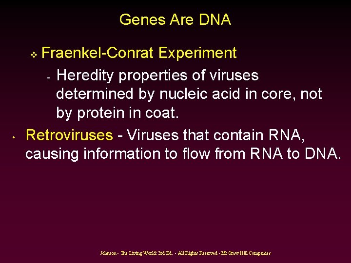 Genes Are DNA Fraenkel-Conrat Experiment - Heredity properties of viruses determined by nucleic acid Genes Are DNA Fraenkel-Conrat Experiment - Heredity properties of viruses determined by nucleic acid