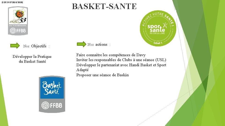 (CD 53: PDT 2016/2020) BASKET-SANTE Nos Objectifs : Développer la Pratique du Basket Santé