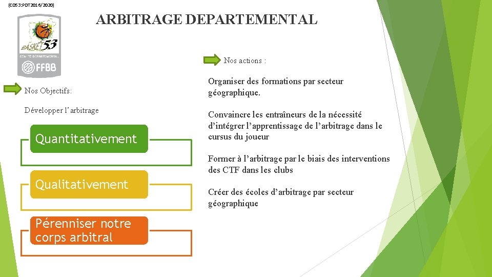 (CD 53: PDT 2016/2020) ARBITRAGE DEPARTEMENTAL Nos actions : Nos Objectifs: Développer l’arbitrage Quantitativement