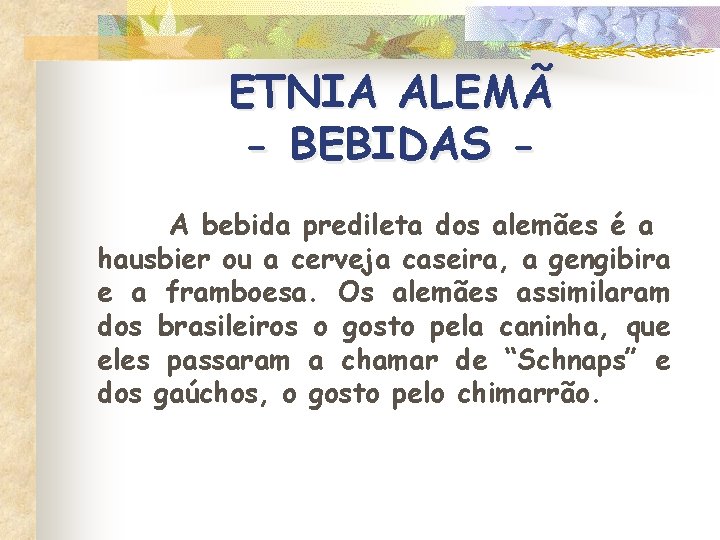 ETNIA ALEMÃ - BEBIDAS A bebida predileta dos alemães é a hausbier ou a