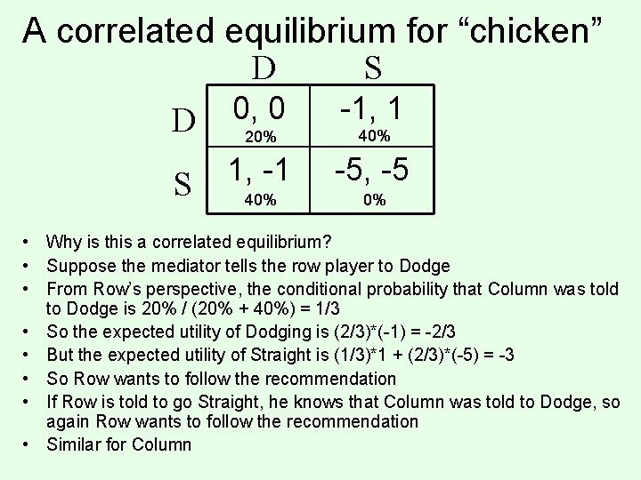 A correlated equilibrium for “chicken” D S D 0, 0 -1, 1 20% 40%