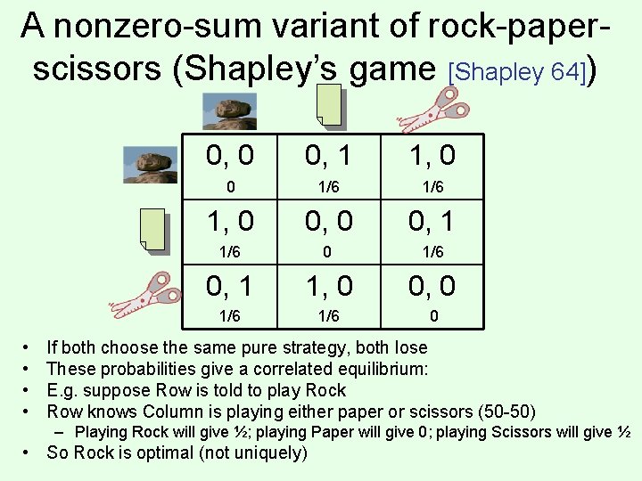 A nonzero-sum variant of rock-paperscissors (Shapley’s game [Shapley 64]) • • 0, 0 0,