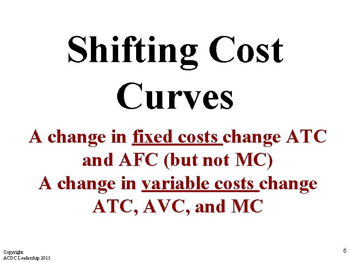 Shifting Cost Curves A change in fixed costs change ATC and AFC (but not