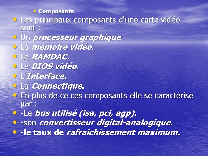  • Composants • Les principaux composants d'une carte vidéo • • • sont