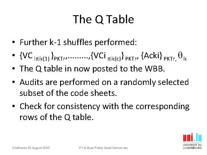 The Q Table Further k-1 shuffles performed: {VC i ik(1) }PKTr, . . ,