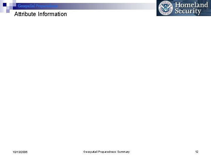 Geospatial Preparedness Attribute Information 10/13/2006 Geospatail Preparedness Summary 12 