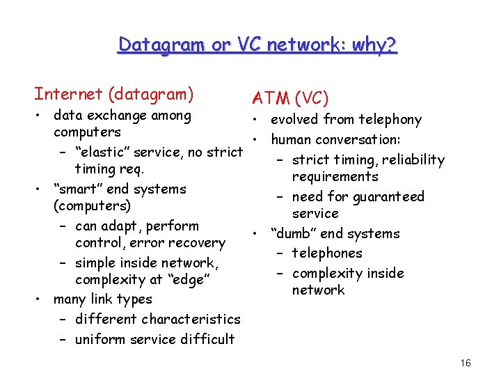 Datagram or VC network: why? Internet (datagram) ATM (VC) • data exchange among •