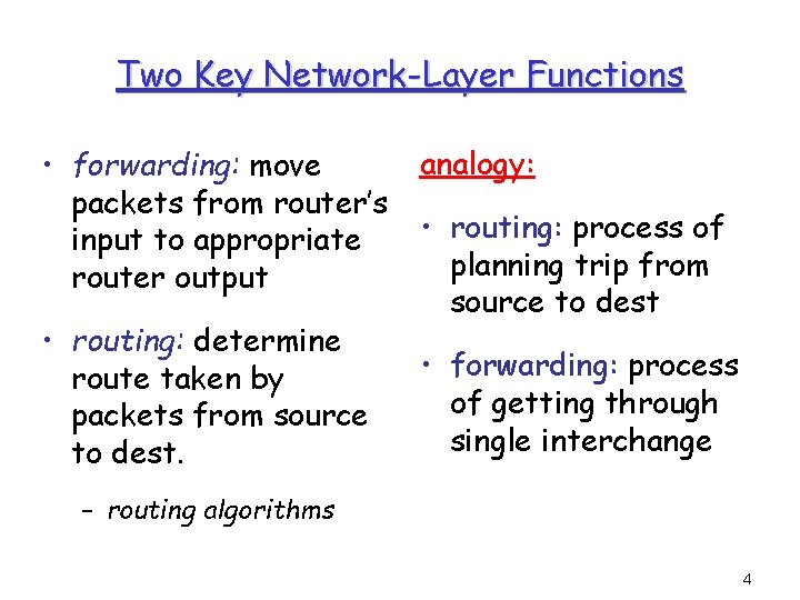 Two Key Network-Layer Functions • forwarding: move packets from router’s input to appropriate router