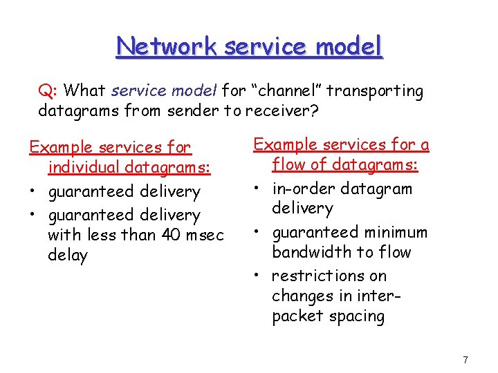Network service model Q: What service model for “channel” transporting datagrams from sender to