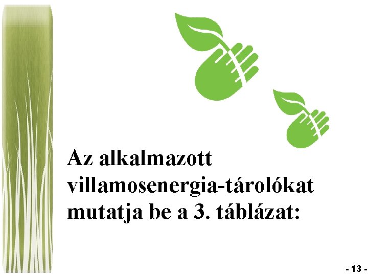 Az alkalmazott villamosenergia-tárolókat mutatja be a 3. táblázat: - 13 - 