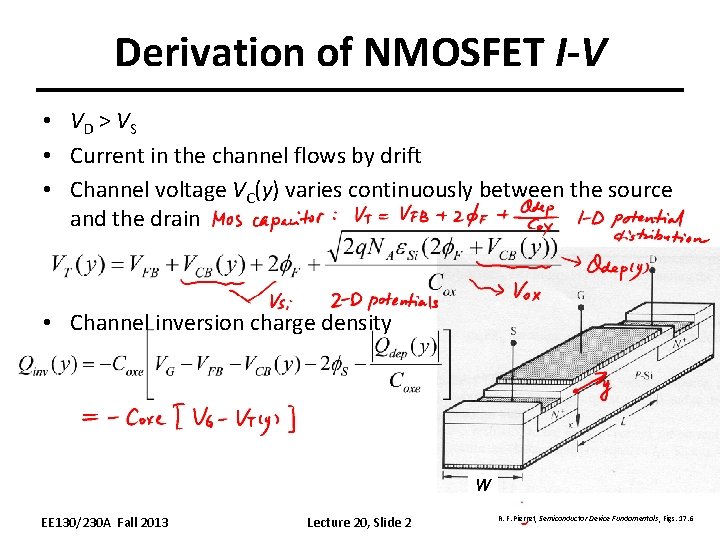 Derivation of NMOSFET I-V • VD > VS • Current in the channel flows