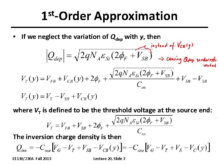 1 st-Order Approximation • If we neglect the variation of Qdep with y, then