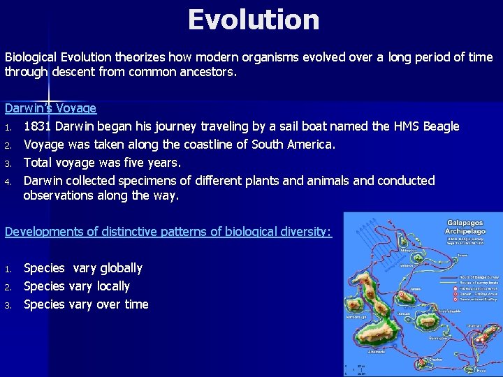 Evolution Biological Evolution theorizes how modern organisms evolved over a long period of time