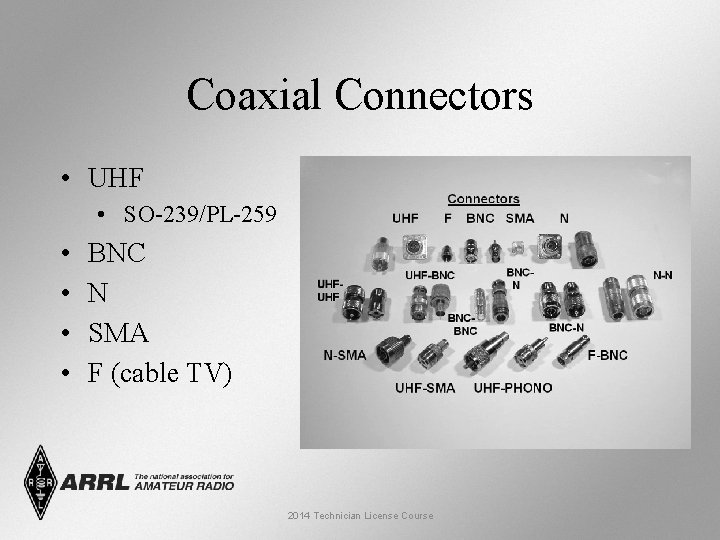 Coaxial Connectors • UHF • SO-239/PL-259 • • BNC N SMA F (cable TV)