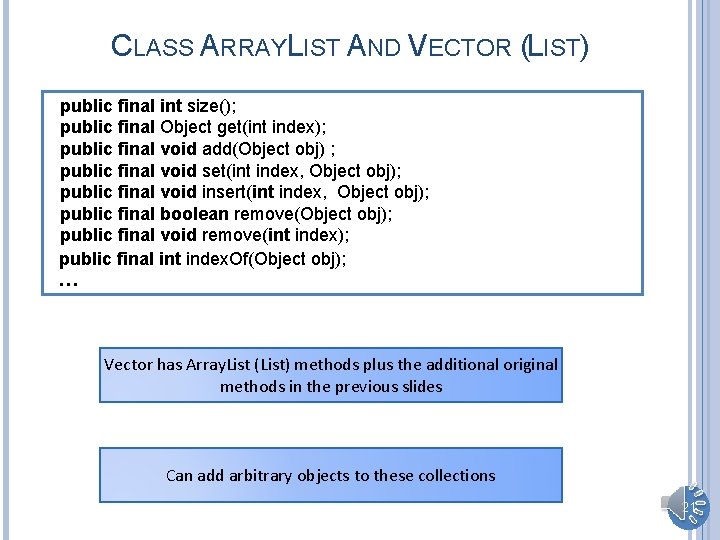 CLASS ARRAYLIST AND VECTOR (LIST) public final int size(); public final Object get(int index);