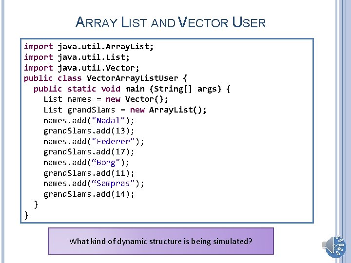 ARRAY LIST AND VECTOR USER import java. util. Array. List; import java. util. Vector;