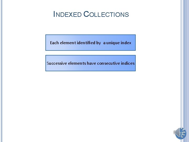 INDEXED COLLECTIONS Each element identified by a unique index Successive elements have consecutive indices