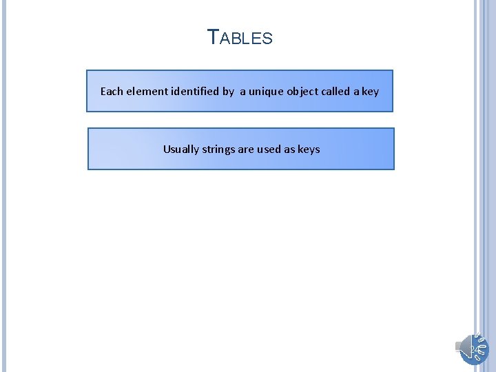 TABLES Each element identified by a unique object called a key Usually strings are