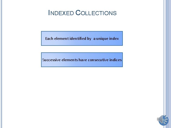 INDEXED COLLECTIONS Each element identified by a unique index Successive elements have consecutive indices