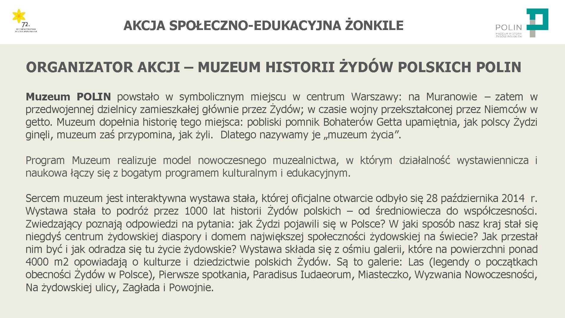 AKCJA SPOŁECZNO-EDUKACYJNA ŻONKILE ORGANIZATOR AKCJI – MUZEUM HISTORII ŻYDÓW POLSKICH POLIN Muzeum POLIN powstało