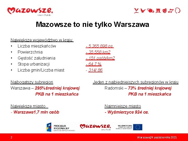 Mazowsze to nie tylko Warszawa Największe województwo w kraju: • Liczba mieszkańców • Powierzchnia