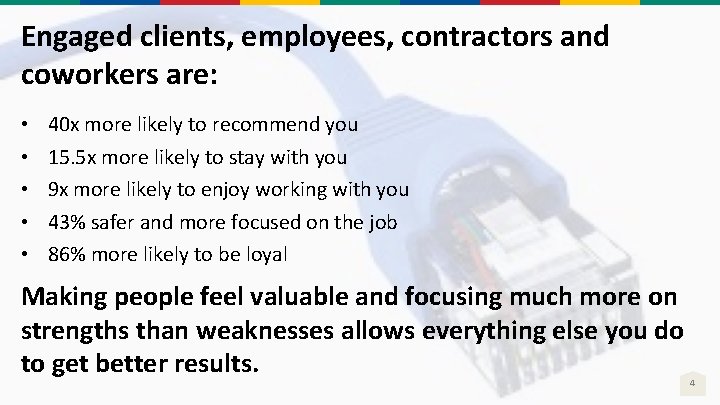 Engaged clients, employees, contractors and coworkers are: • • • 40 x more likely