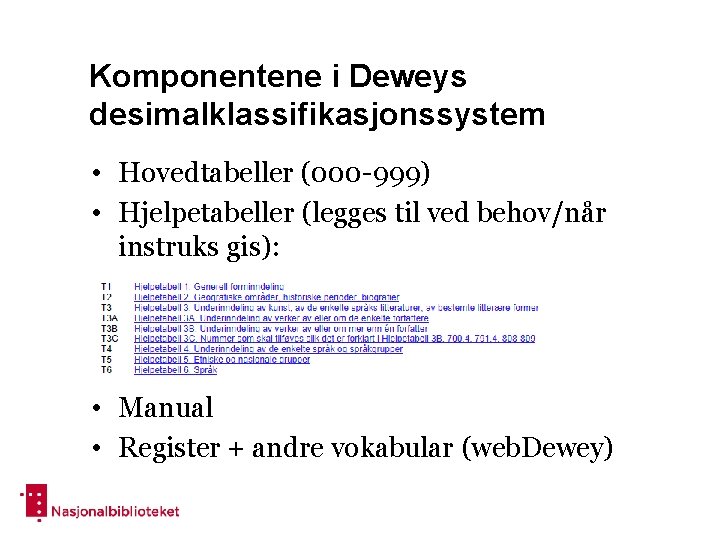 Komponentene i Deweys desimalklassifikasjonssystem • Hovedtabeller (000 -999) • Hjelpetabeller (legges til ved behov/når